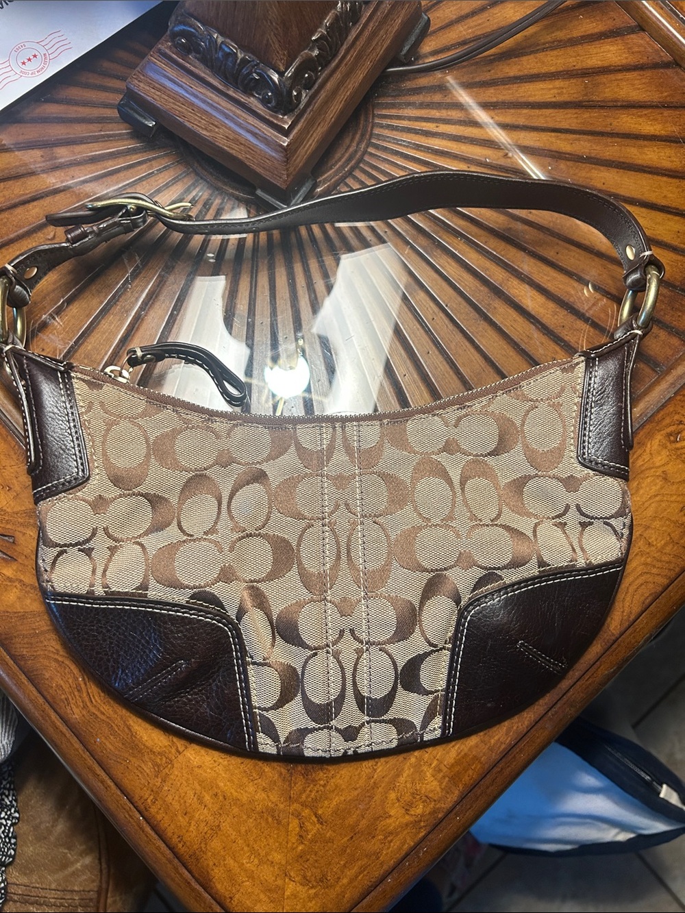 Coach Signature Canvas Shoulder Bag in Khaki and Brown